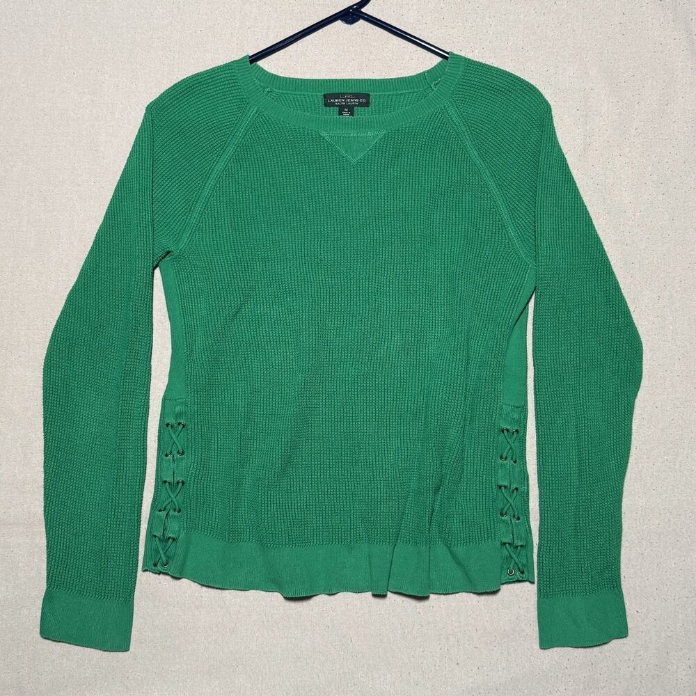 VTG Y2K Ralph Lauren Polo Jeans Women’s M Green Waffle Knit Thermal Shirt Preppy